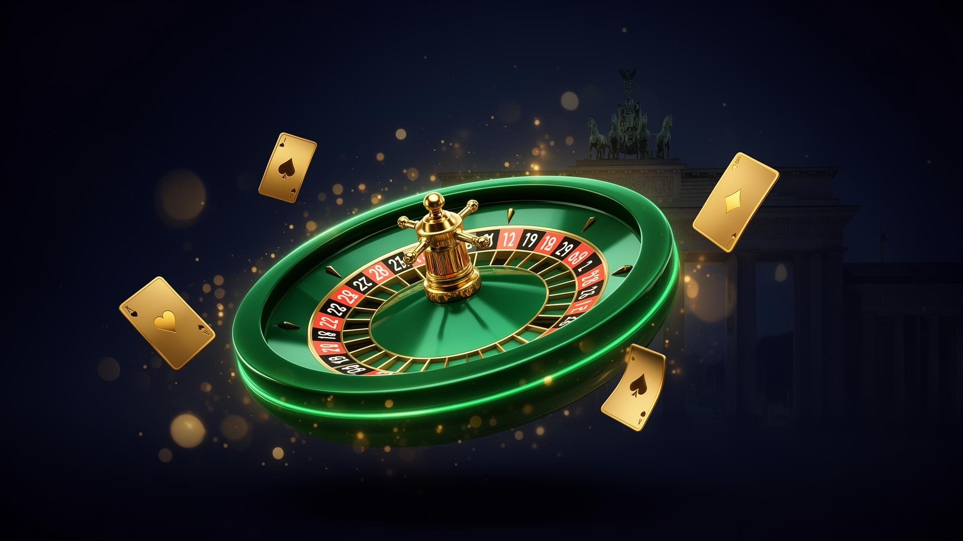 Roulette und Spielkarten vor der Berliner Skyline – Online Casinos in Deutschland
